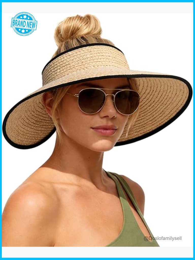 Wide Brim Raffia Straw Sun Hat Visor Ponytail Opening Foldable Packable Upf 50